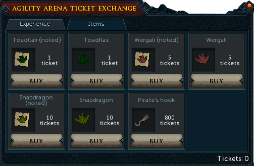 Agility Arena Ticket Exchange Item Rewards